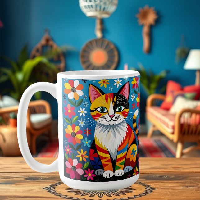 Mug Chat d'art populaire Boho, Fleurs & Papillon   (Créateur téléchargé)