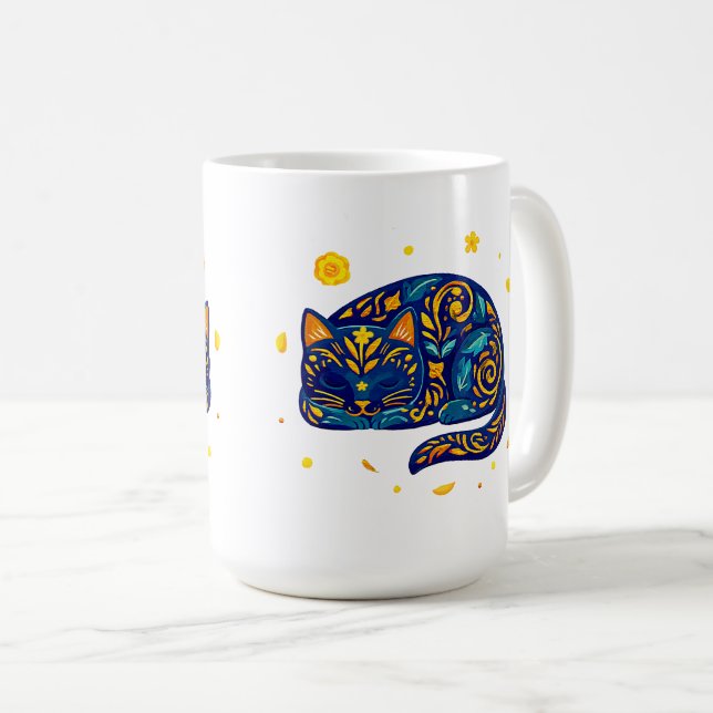 Mug Chat d'art populaire en bleu (Devant droit)