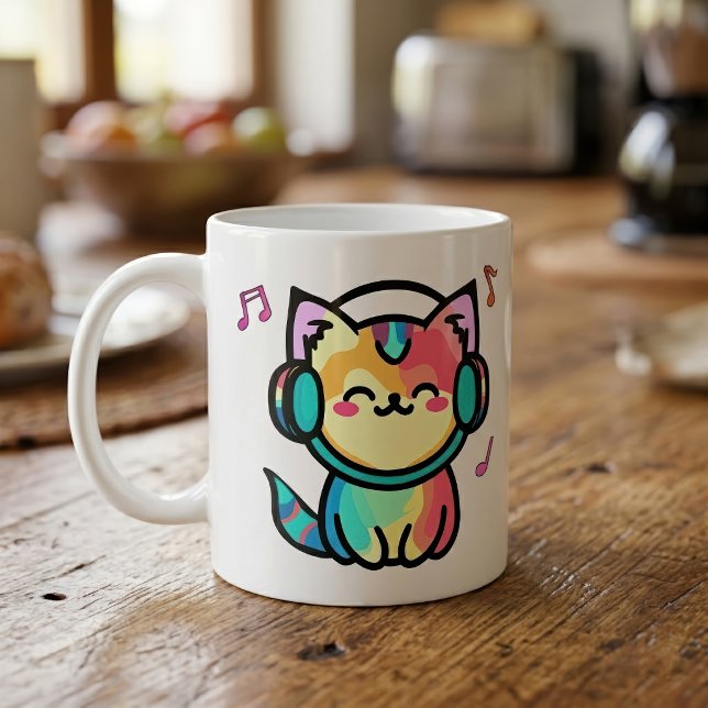 Mug Chat de dessin animé kawaii souriant avec casque (Happy Smiling Kawaii Cartoon Cat with Headphones. Coffee Mug)