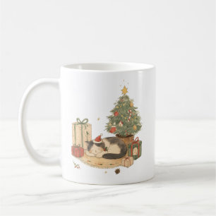 Mug Chat de Noël cosy avec cadeaux et sapin de Noël