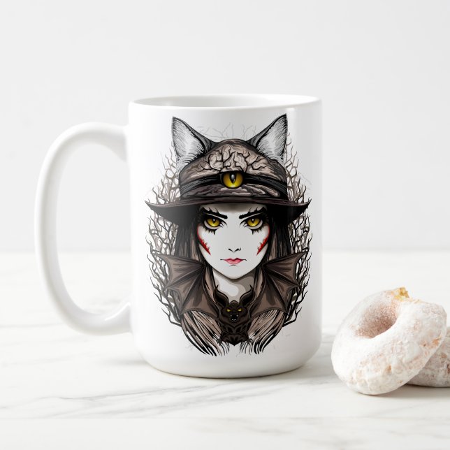 Mug Chat de sorcière Halloween Déplaisant Portrait mig (Avec donut)