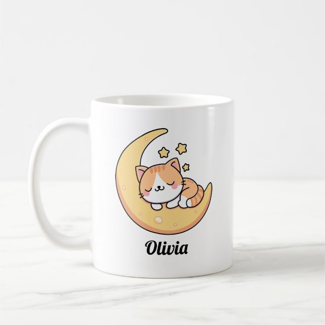 Mug Chat Dormir Sur Une Lune Rêve Personnalisé (Gauche)