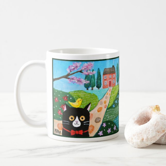 Mug Chat en smoking mignon et oiseau jaune dans l'art  (Avec donut)