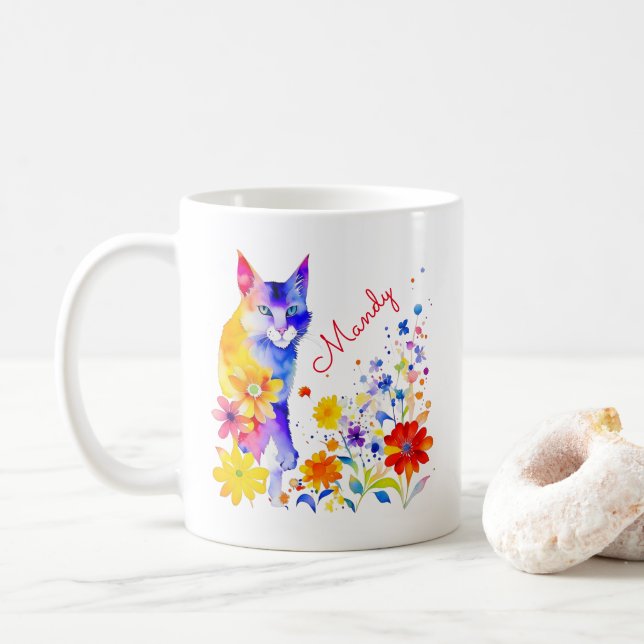 Mug Chat et fleurs aquarelle personnalisés (Avec donut)