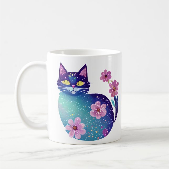 Mug Chat et fleurs d'art folklorique personnalisé (Gauche)