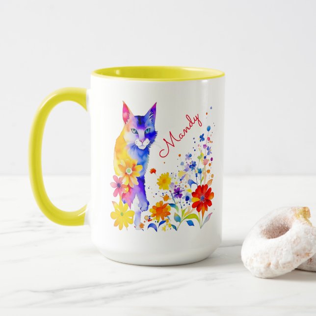 Mug Chat et fleurs personnalisés à l'aquarelle (Avec donut)