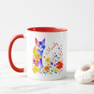 Mug Chat et fleurs personnalisés à l'aquarelle