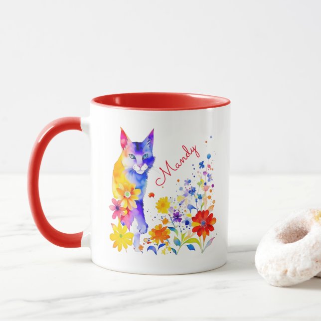 Mug Chat et fleurs personnalisés à l'aquarelle (Avec donut)