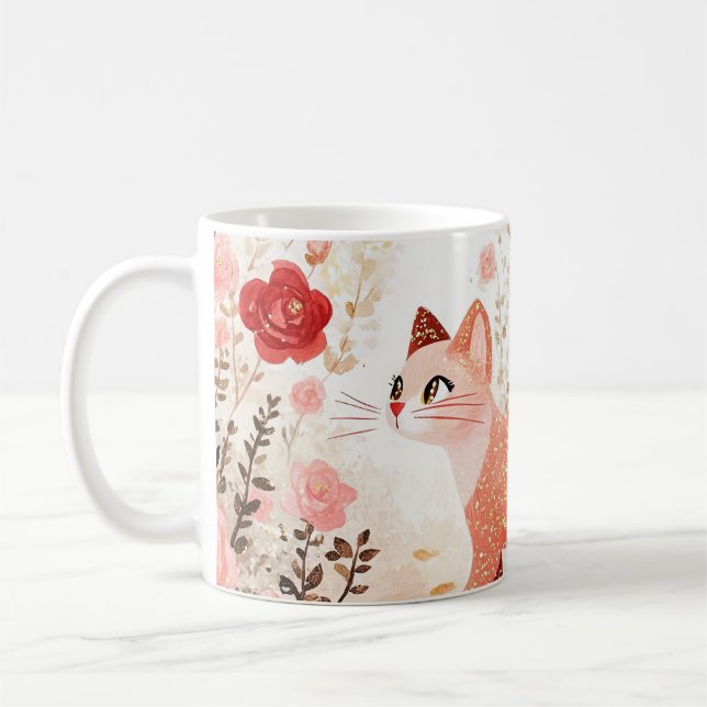 Mug Chat fantaisiste dans un jardin de roses.  (Gauche)