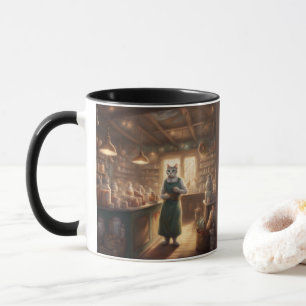Mug Chat fantaisiste en tablier travaillant dans un ma
