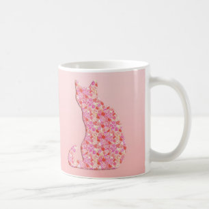 Mug Chat Fleur - corail orange et rose
