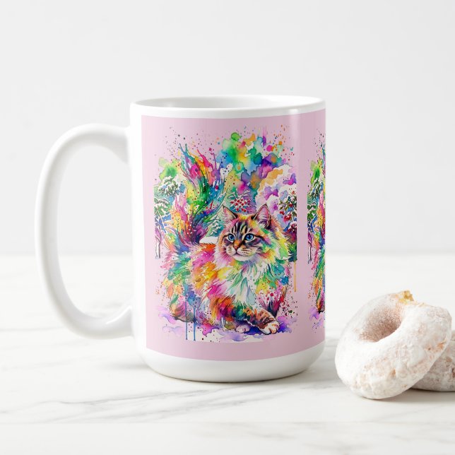 Mug Chat Fluffy Aquarelle Arc-en-Ciel Fantaisiste en H (Avec donut)