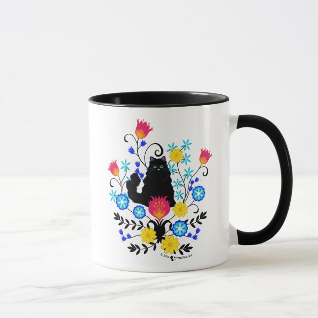 Mug Chat Fluffy Noir avec Fleurs (Droite)