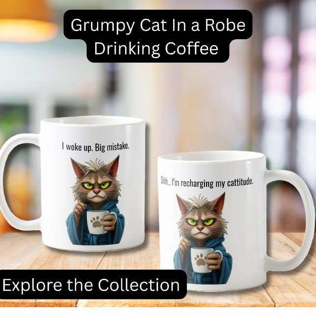 Mug Chat grincheux amusant dans un chat à la robe et a (Funny Grumpy Cat in a Robe with Coffee.  Perfect gifts, Cat lovers, Coffee Lovers)