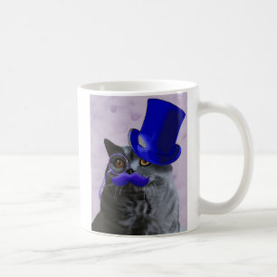 Mug Chat gris avec chapeau bleu et moustache