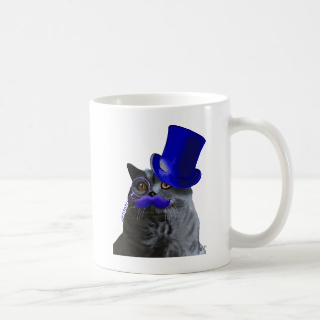 Mug Chat gris avec chapeau bleu et moustache bleue (Droite)