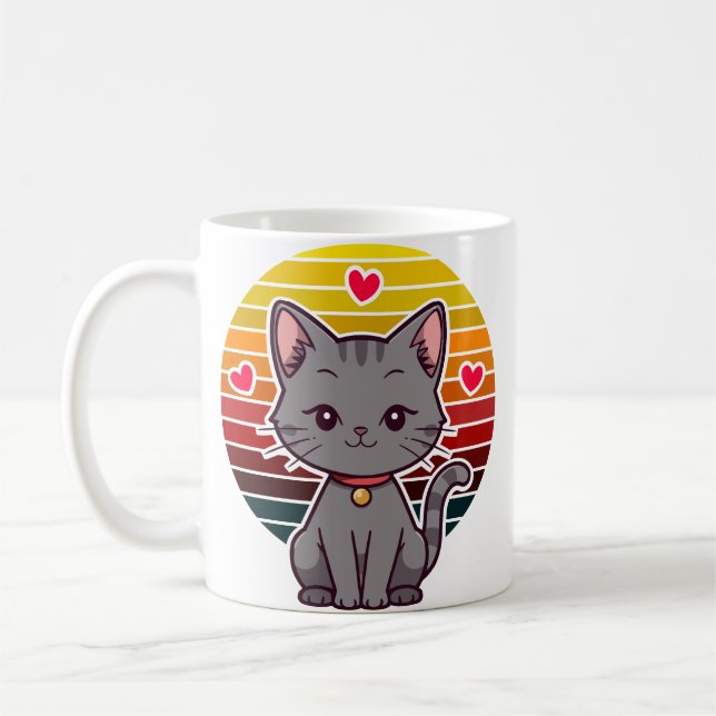 Mug Chat Gris Kawaii Rétro Coucher de Soleil Anime Art (Gauche)
