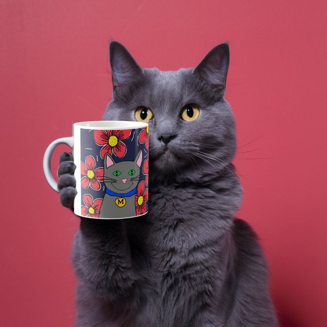 Mug chat gris personnalisé avec fleurs personnalisez l (Créateur téléchargé)
