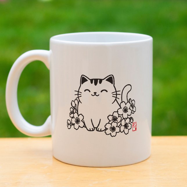 Mug Chat japonais mignon et Sakura avec timbre "Neko" (Créateur téléchargé)