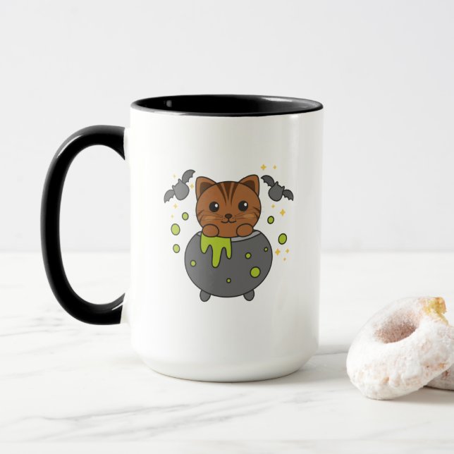 Mug Chat Joyeux Halloween Cauldron Bat (Avec donut)