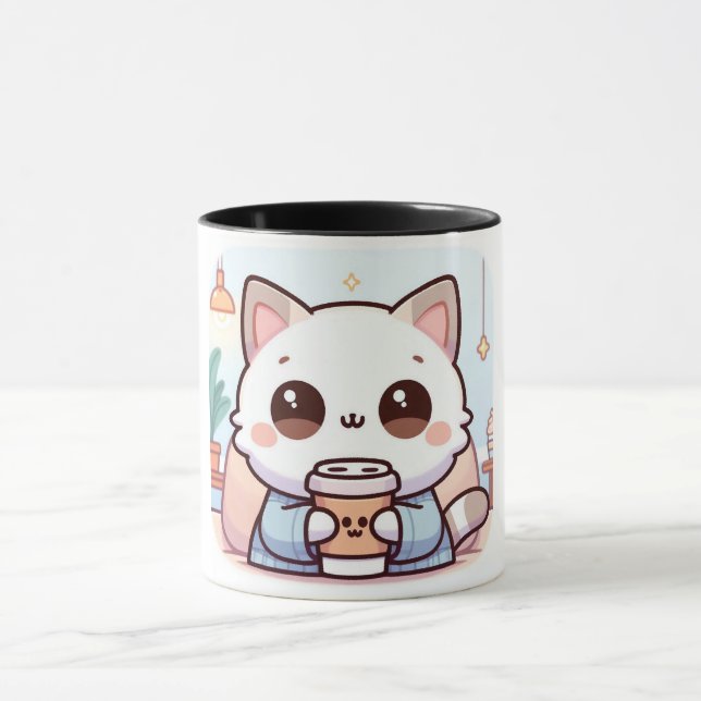 Mug Chat Kawaii avec Café – Illustration Chat Mign (Centre)