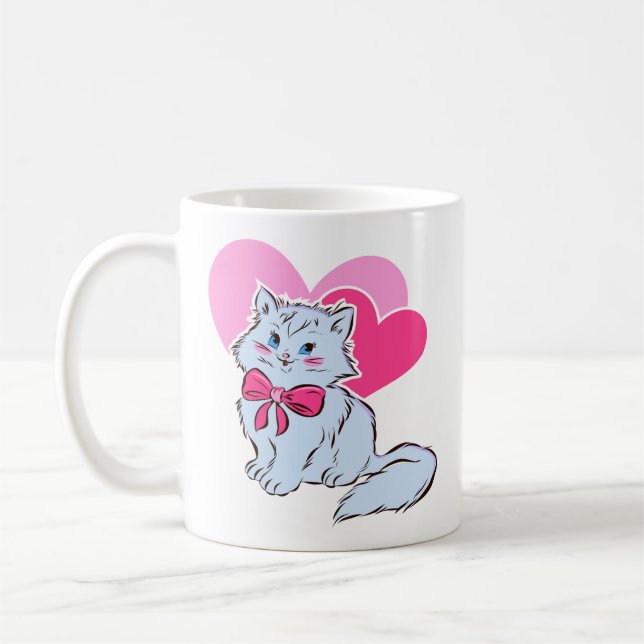 Mug Chat Kawaii Bleu Avec Nœud Rose & Cœurs (Gauche)