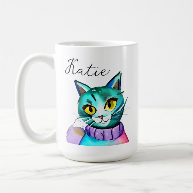 Mug Chat Kitty Bleu Mignon Personnalisé (Gauche)