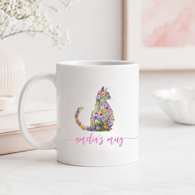 Mug Chat Kitty Floral Personnalisé (Personalized Floral Cat Kitty Coffee Mug)