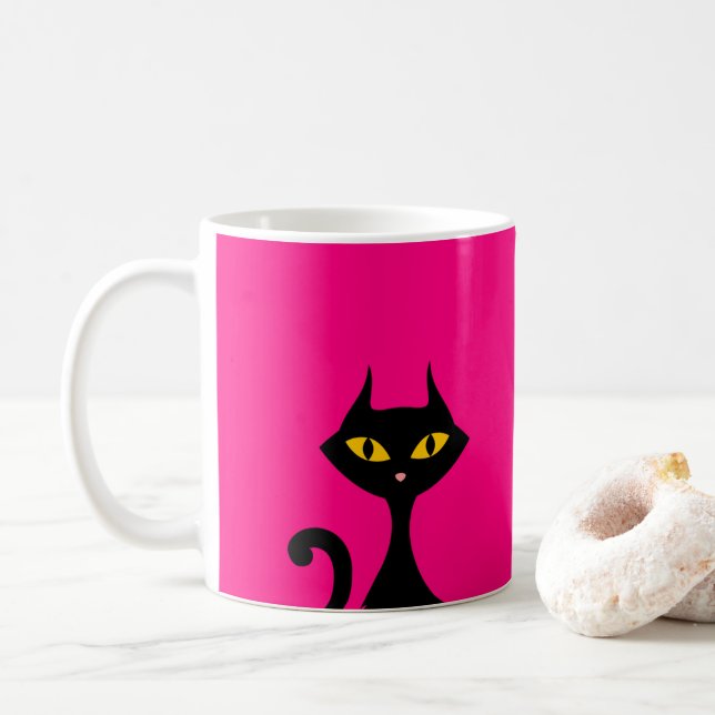 Mug Chat Kitty noir avec Arrière - plan rose (Avec donut)
