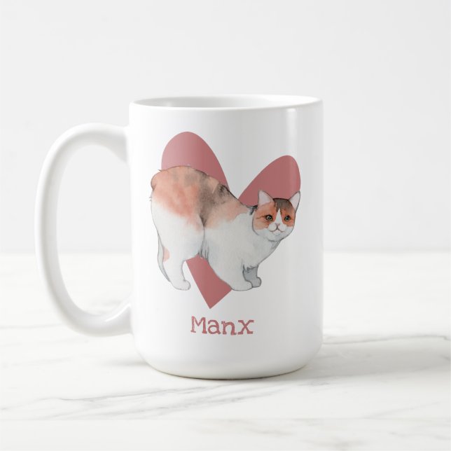 Mug Chat Manx Aquarelle Kitty Coeur rose (Gauche)