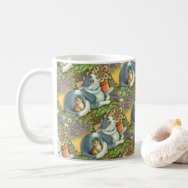 MUG CHAT MÈRE ET CUISINE, FLEURS POTÉES, BOWS & LACE (Avec donut)
