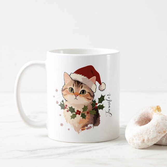 Mug Chat mignon avec chapeau de Noël nom personnalisé (Avec donut)