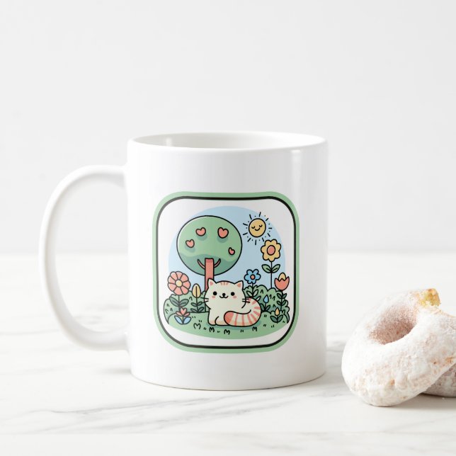 Mug Chat Mignon Dans Un Jardin Dessin Au Trait (Avec donut)