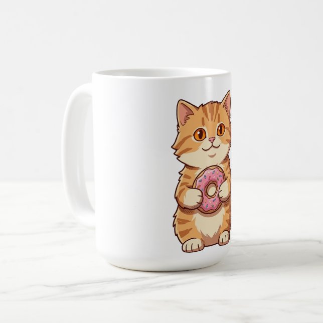 Mug Chat Mignon et Fluffy Tenant un Donut Rose Dessin  (Devant gauche)