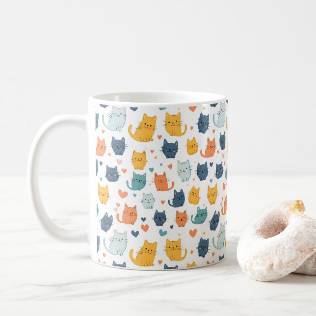 Mug Chat mignon kawaii bleu jaune orange - Cadeau pour (Avec donut)