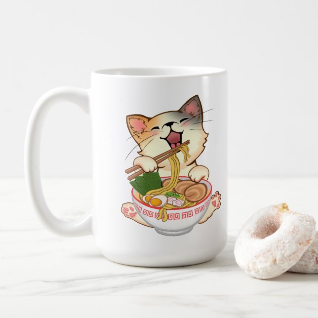 Mug Chat mignon mangeant du Ramen dessin animé drôle c (Avec donut)