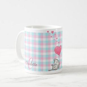 Mug Chat moderne Monogramme rose bleu doré