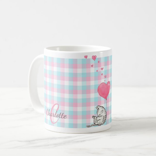 Mug Chat moderne Monogramme rose bleu doré (Devant gauche)