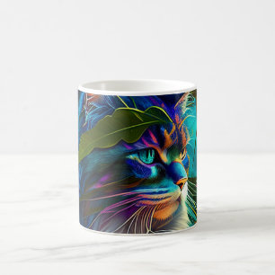 Mug Chat néon coloré dans les fleurs tropicales IA art
