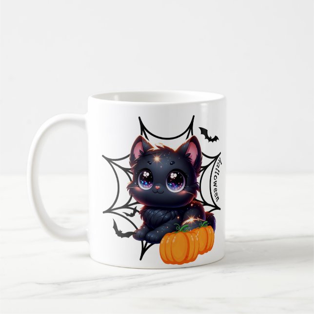 Mug Chat noir avec Citrouilles et toiles d'araignée Mu (Gauche)