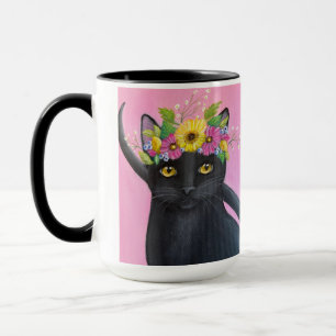 Mug Chat noir avec couronne de fleurs
