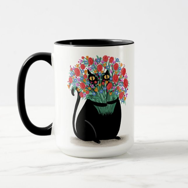 Mug Chat noir avec fleurs (Gauche)