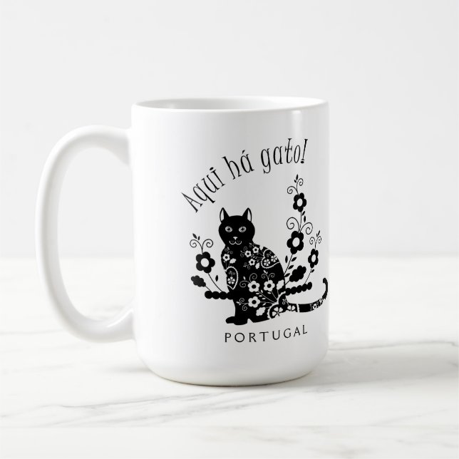 Mug Chat noir avec fleurs et expression portugaise (Gauche)