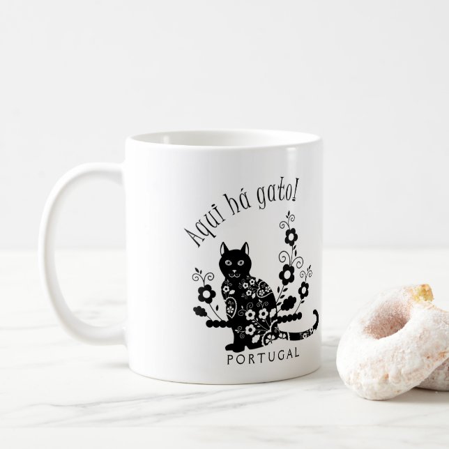 Mug Chat noir avec fleurs et expression portugaise (Avec donut)