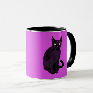 Mug Chat noir avec muqueuse arrière - plan fuchsia