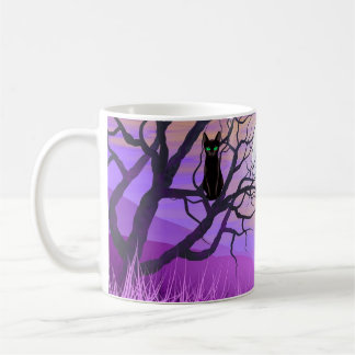 Mug Chat noir avec Pleine lune et Ciel de nuit pourpre