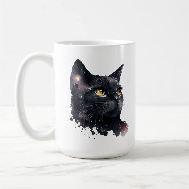 Mug Chat noir cosmique Aquarelle étoile Nuit Feline (Gauche)