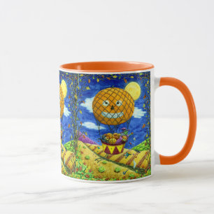 MUG CHAT NOIR DANS L'AIR CHAUD BALLON HUMOUR ART FOLK