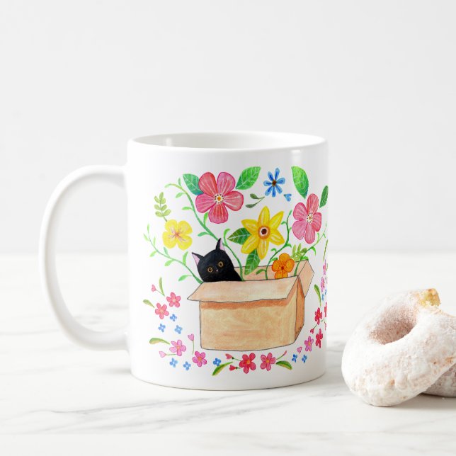 Mug Chat Noir dans une Boîte avec Fleurs Art Dessiné à (Avec donut)
