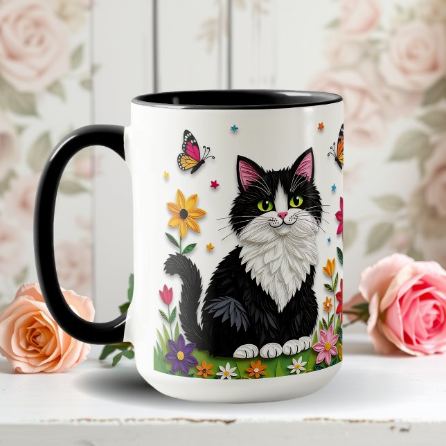 Mug Chat noir et blanc, Fleurs et Papillons   (Créateur téléchargé)